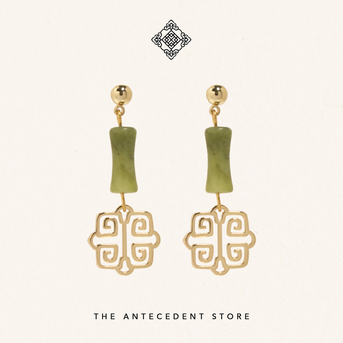 Oriental Motif With Nephrite Jade Earrings - 14K Gold Plated