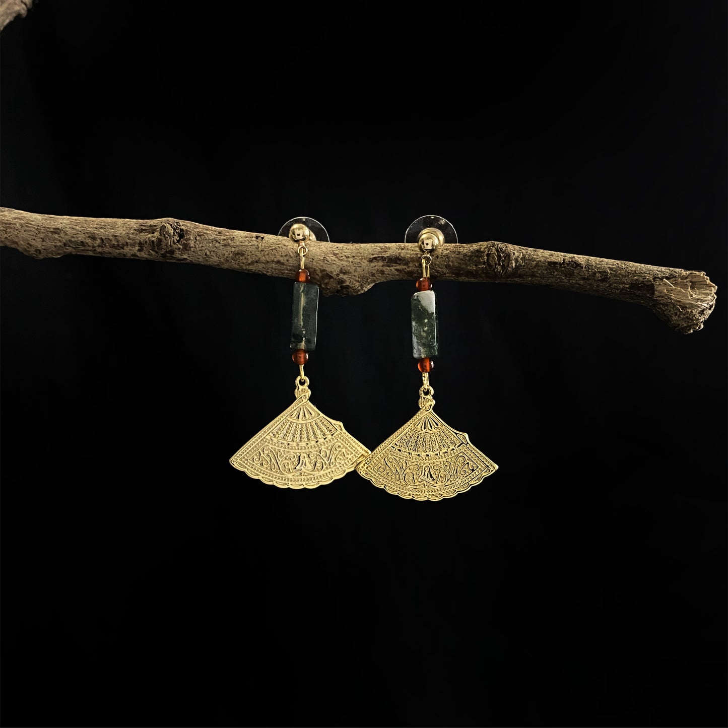 The Antecedent Store Oriental Fan Motif Earrings - 14K Real Gold Plated Jewelry
