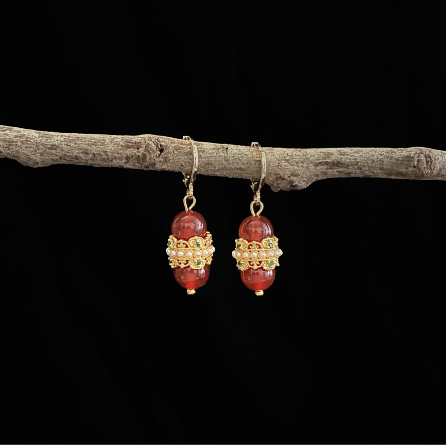 Oriental Motif With Red Agate Crystal Earrings - 14K Real Gold Plated Jewelry