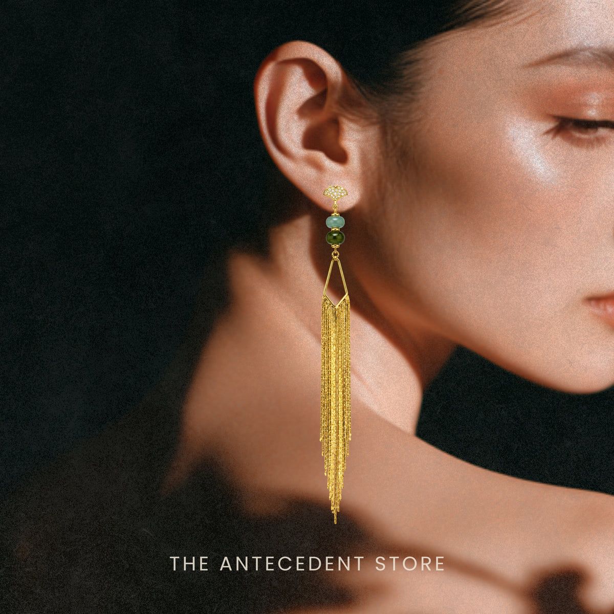 银杏 | Ginkgo Tassel Earrings with Green Chalcedony & Green Aventurine