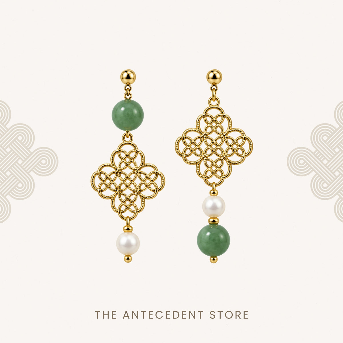 Asymmetrical Auspicious Motif Green Aventurine Earrings