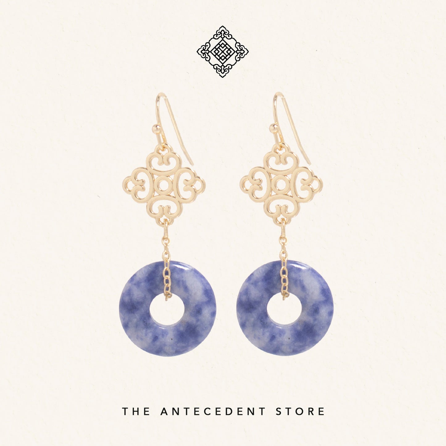 【 如意 】Auspicious Motif Blue Sodalite Earrings - 14K Gold Plated Jewelry