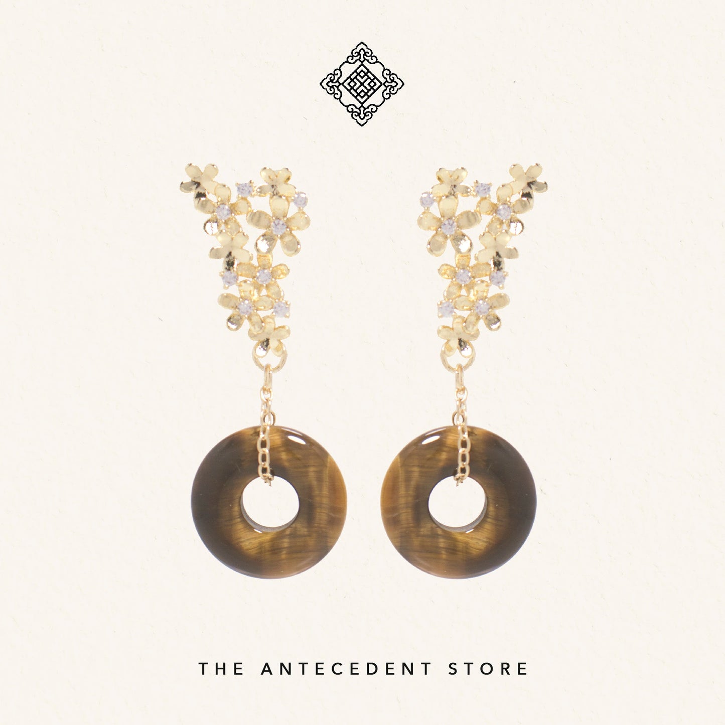 Floral Brown Tigers Eye Donut Earrings - 14K Gold Plated Jewelry