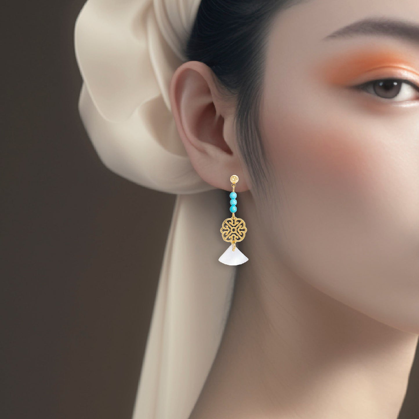Oriental Motif Earrings With Turquoise Crystals - 14K Real Gold Plated Jewelry