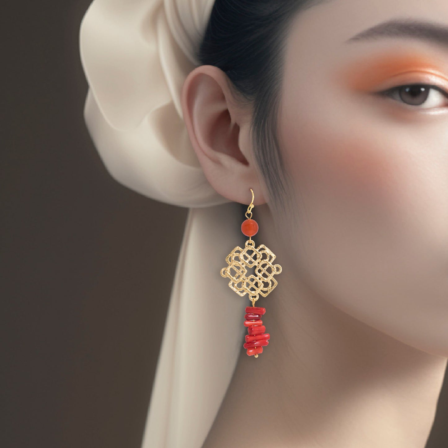 Oriental Motif With Red Agate Crystal Earrings - 14K Real Gold Plated Jewelry