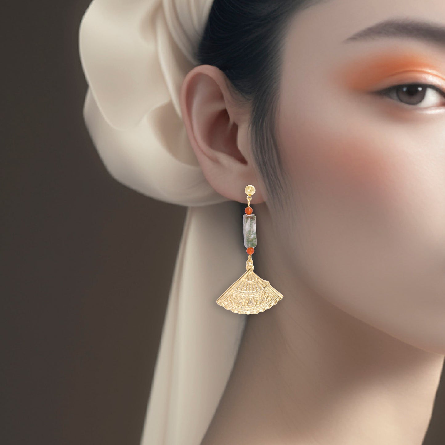 Oriental Fan Motif Earrings With Chalcedony Crystal - 14K Real Gold Plated Jewelry