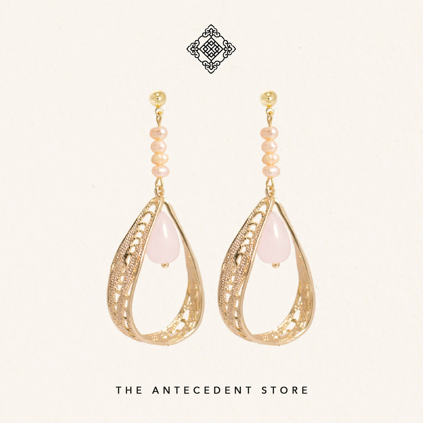 Oriental Motif Earrings with Rose Quartz - 14K Real Gold Plated Jewelry