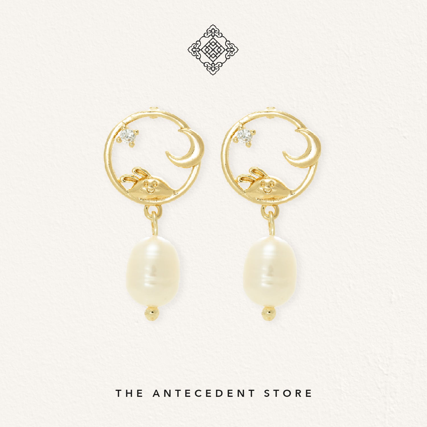 Moon Rabbit Freshwater Pearl Dangle Earrings 14K Real Gold