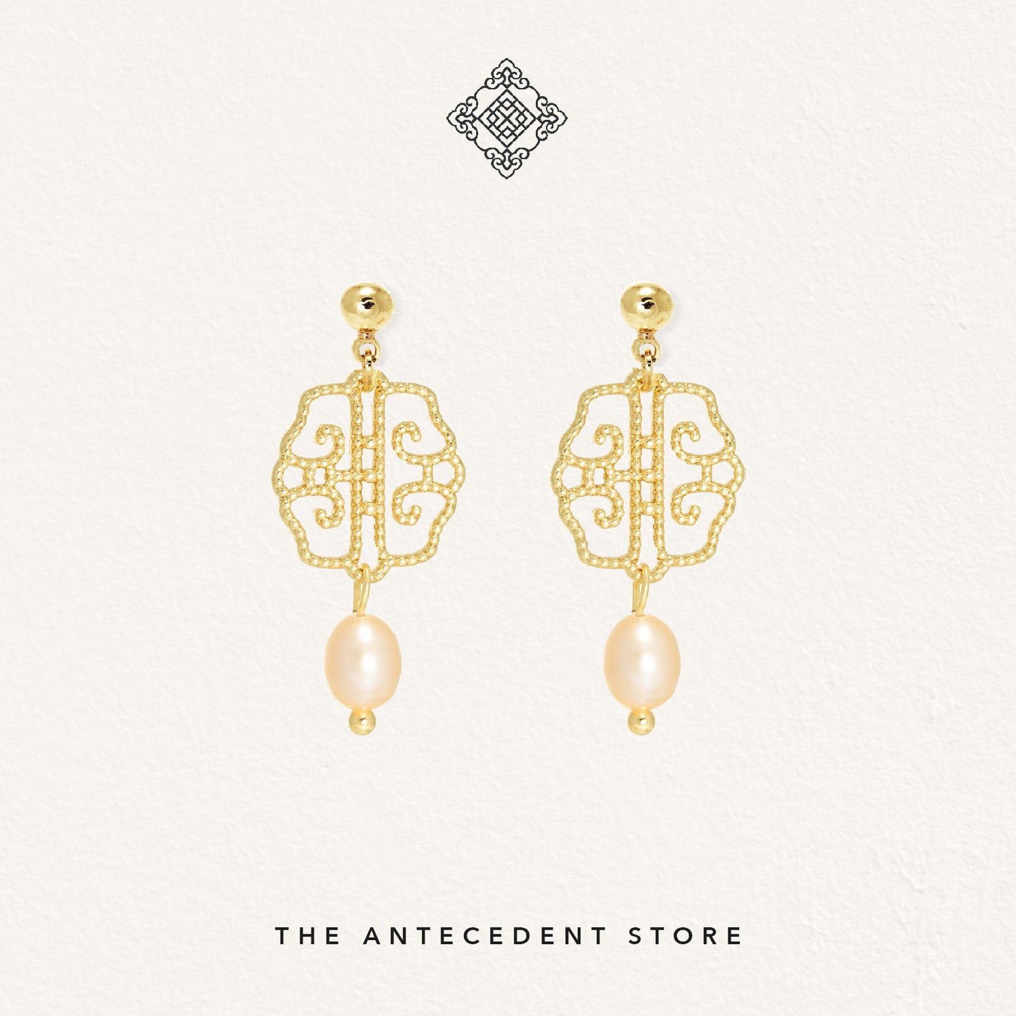 Oriental Motif Earrings With Freshwater Pearls (Peach Pearls) - 14K Real Gold Plated Jewelry