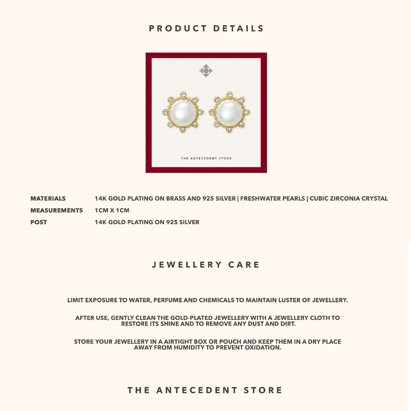 The Antecedent Store Freshwater Pearl Stud Earrings - 14K Real Gold Plated Jewellery