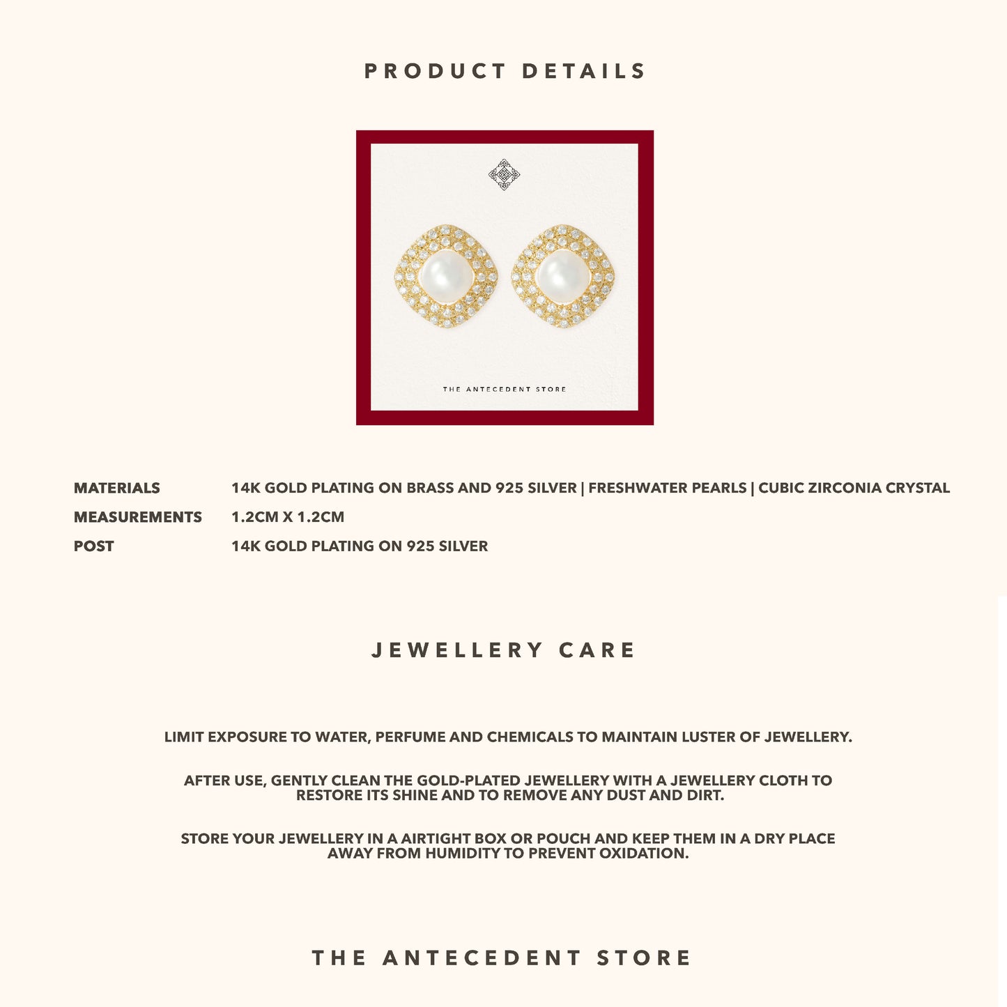 The Antecedent Store Freshwater Pearl Stud Earrings - 14K Real Gold Plated Jewellery