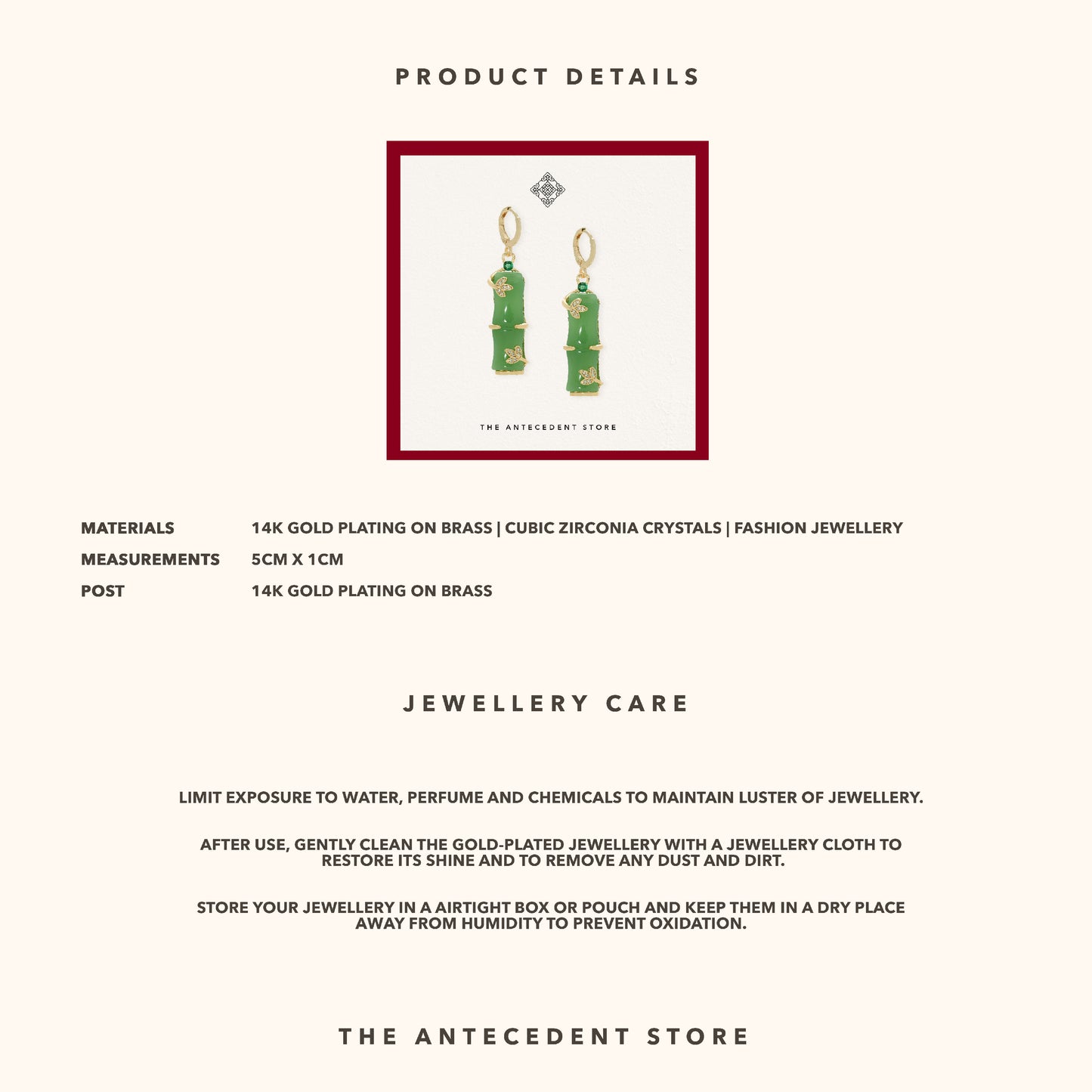 The Antecedent Store Green Bamboo Earrings - 14K Real Gold Plated Jewelry