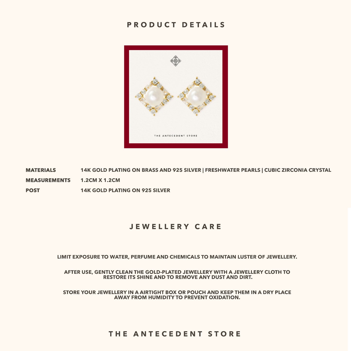 The Antecedent Store Pearl Stud Earrings - 14K Real Gold Plated Jewelry