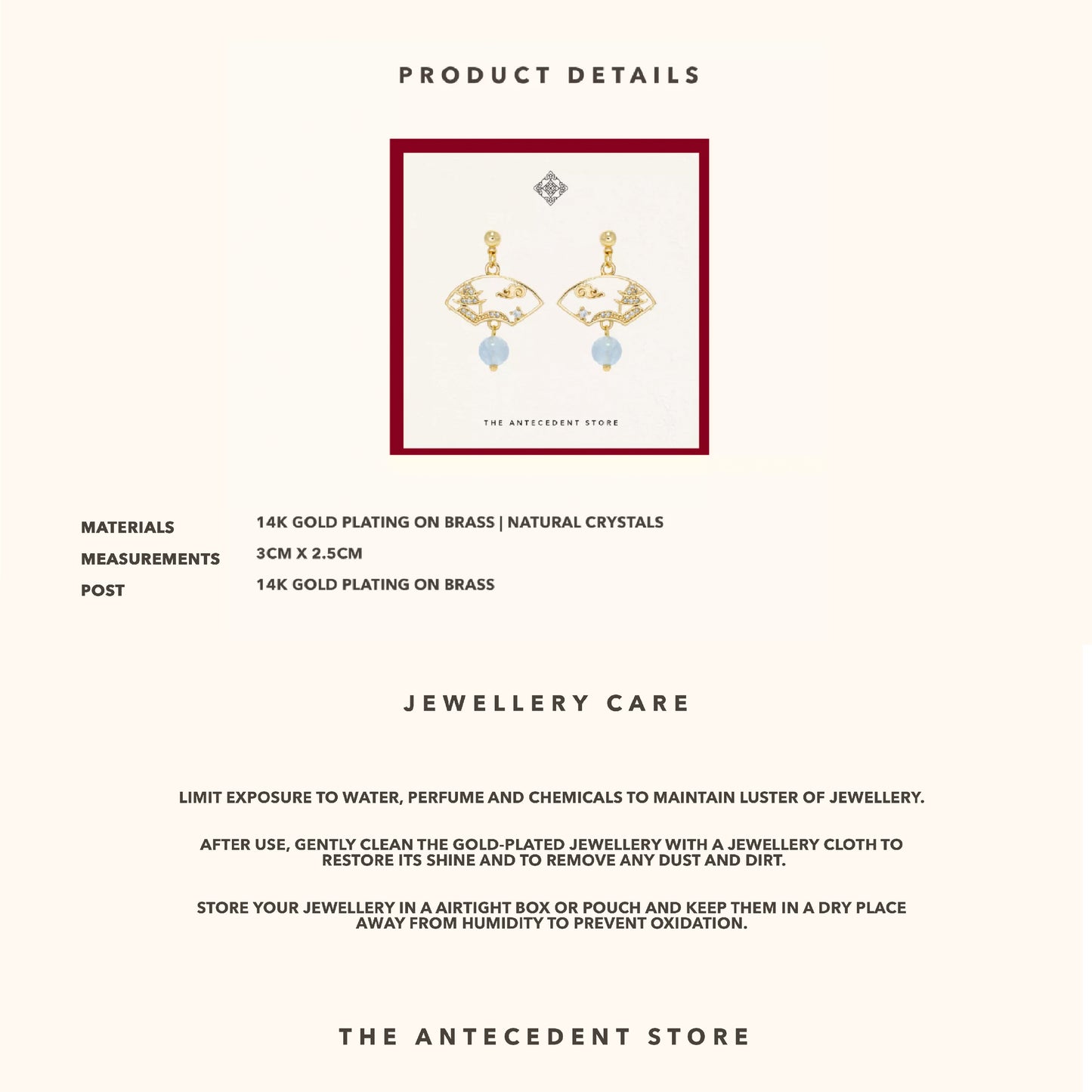 Oriental Motif Earrings With Aquamarine - 14K Real Gold Plated Jewelry