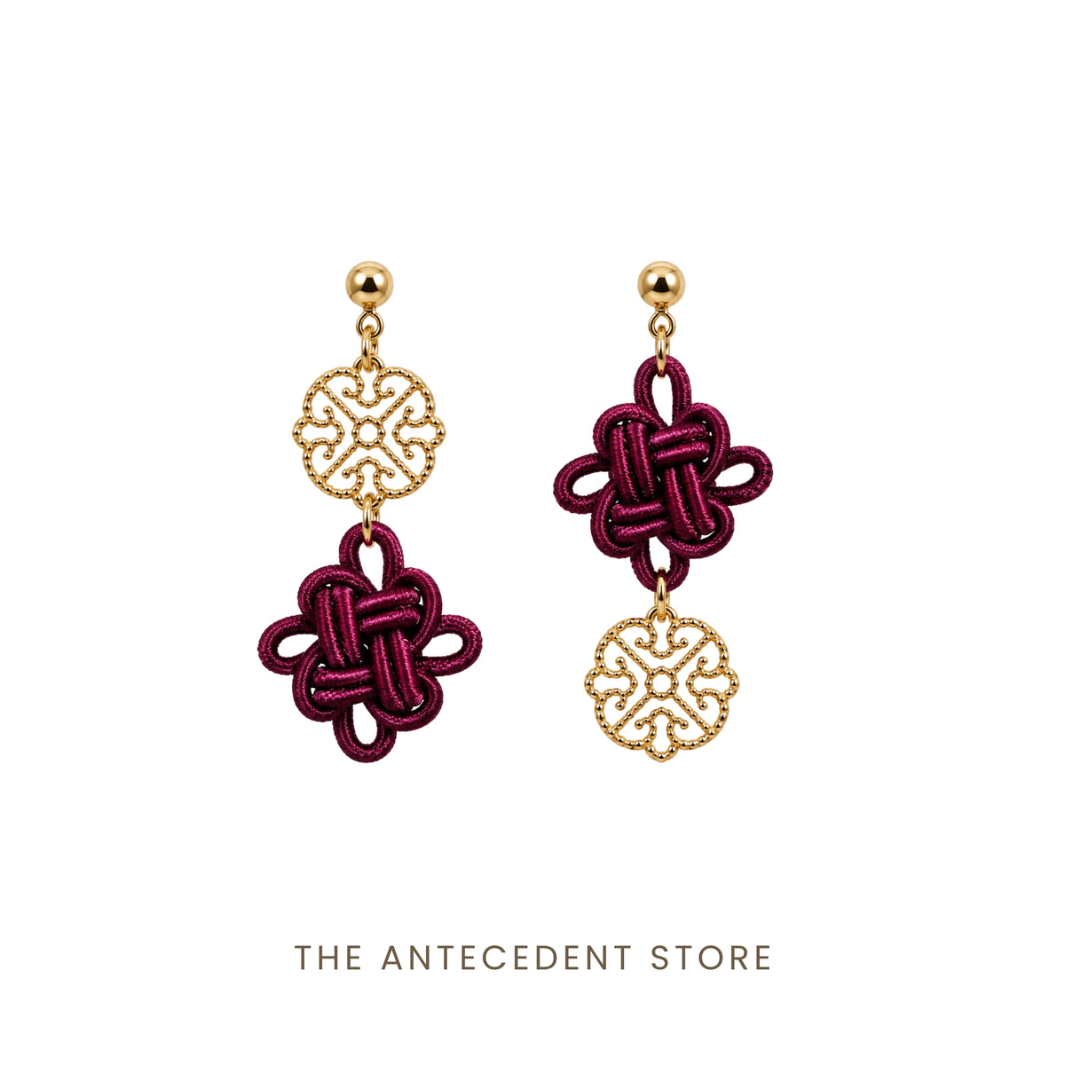 吉祥结 | Asymmetrical Auspicious Knot Earrings in Maroon