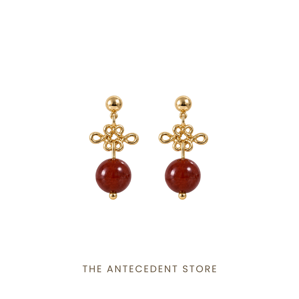 如意结 | Auspicious Ruyi Knot with Red Agate Earrings