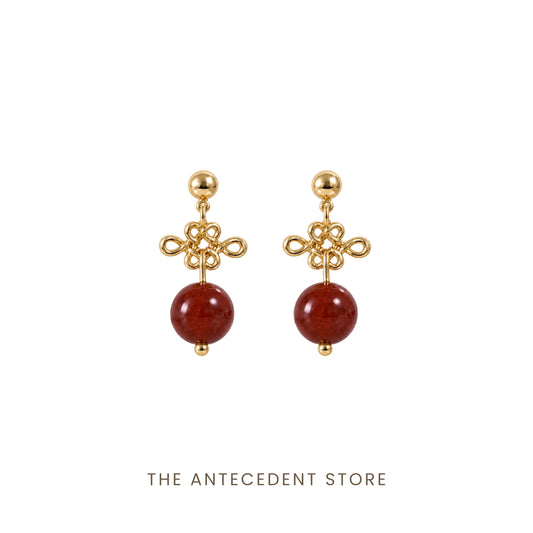 如意结 | Auspicious Ruyi Knot with Red Agate Earrings