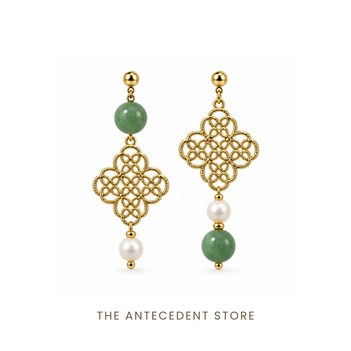 Asymmetrical Auspicious Motif Green Aventurine Earrings