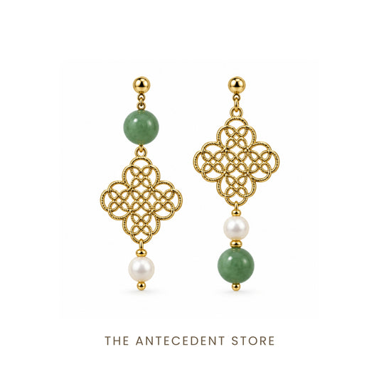 Asymmetrical Auspicious Motif Green Aventurine Earrings