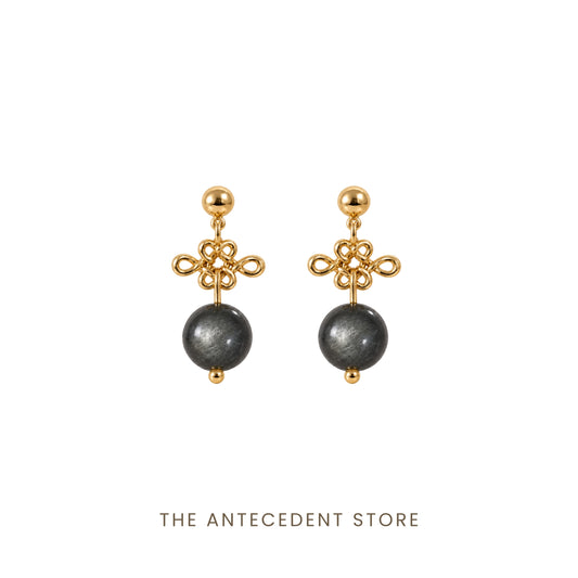 如意结 | Ruyi Knots With Silver Obsidian Earrings