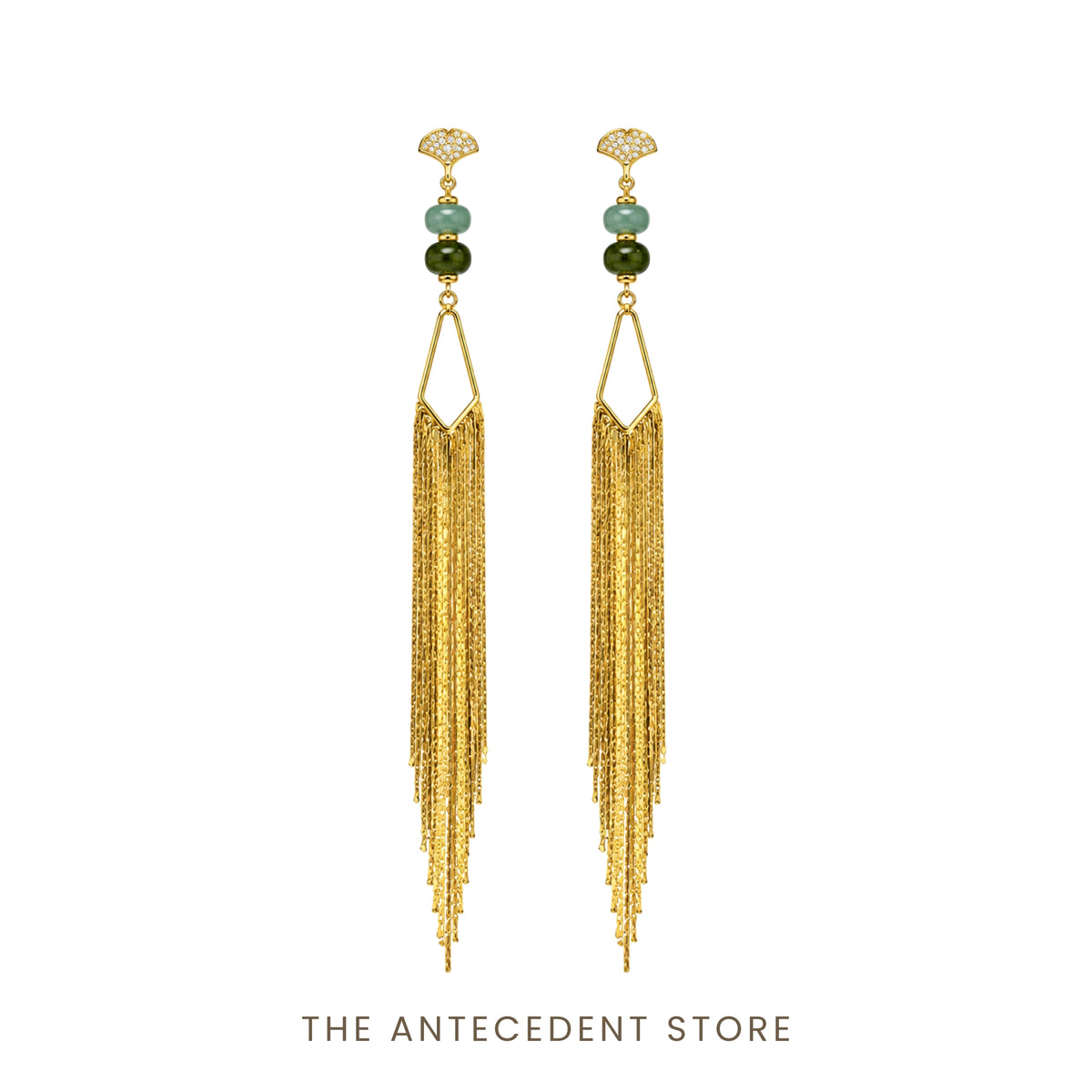 银杏 | Ginkgo Tassel Earrings with Green Chalcedony & Green Aventurine