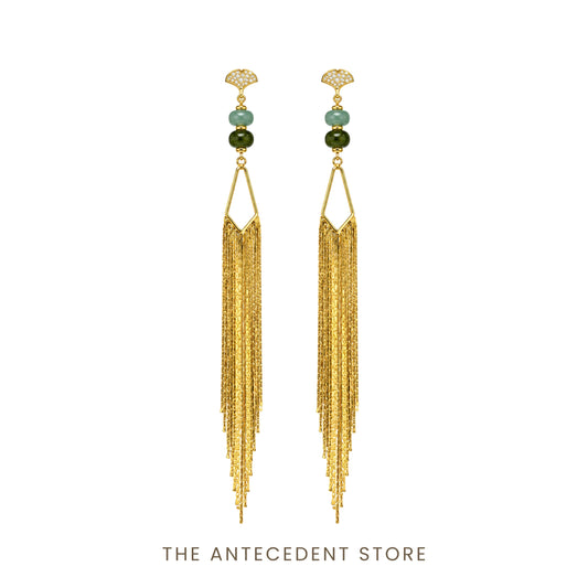 银杏 | Ginkgo Tassel Earrings with Green Chalcedony & Green Aventurine
