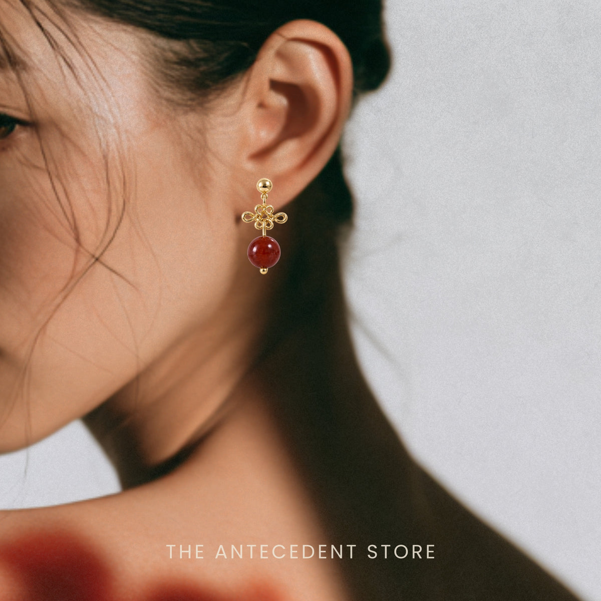 如意结 | Auspicious Ruyi Knot with Red Agate Earrings