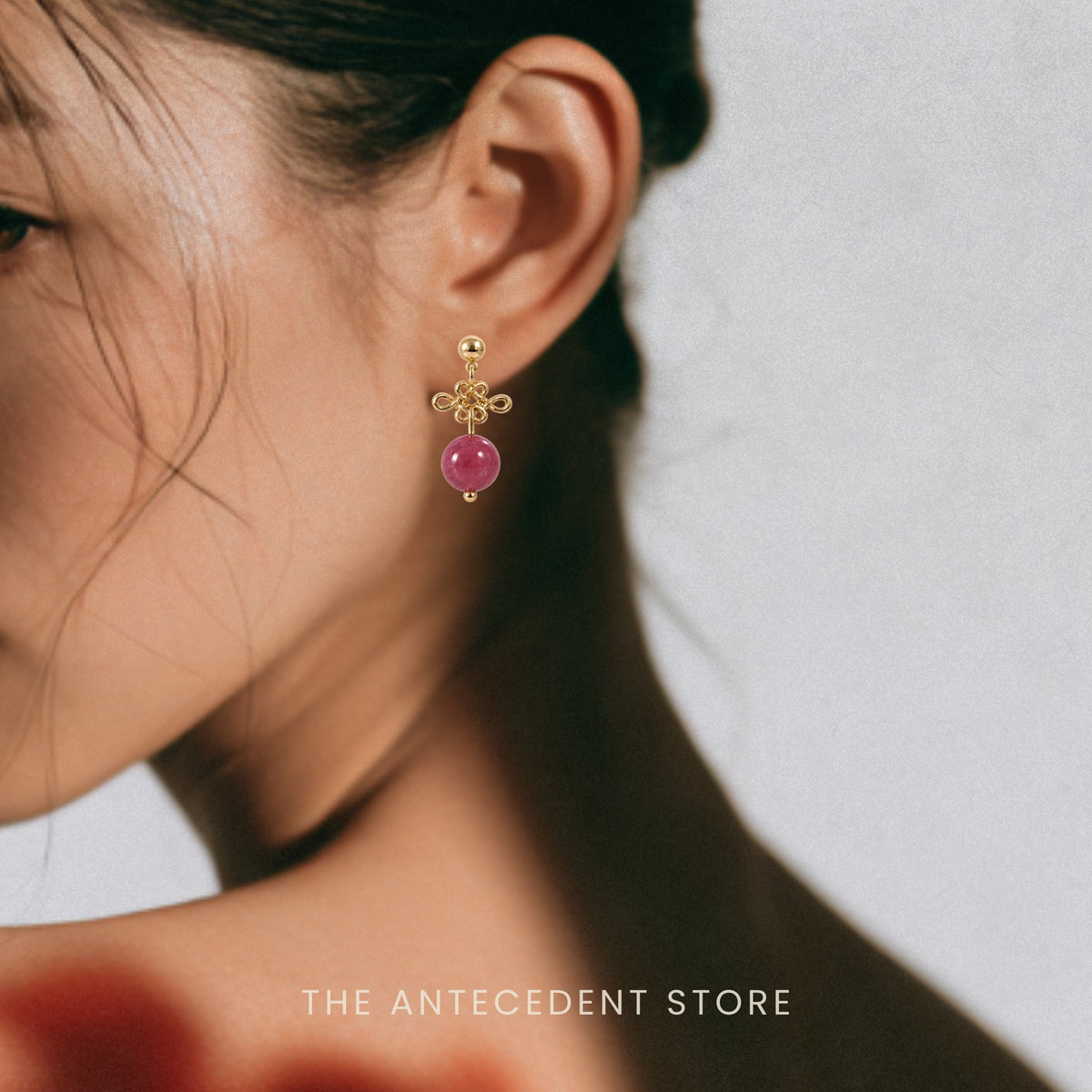 如意结 | Auspicious Ruyi Knot with Rhodonite Earrings