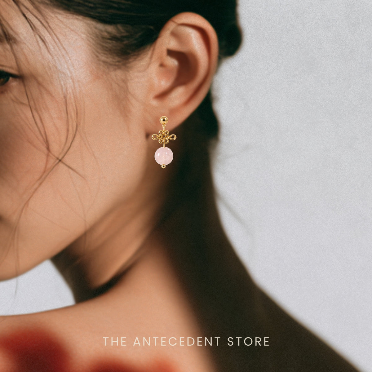 如意结 | Auspicious Ruyi Knot With Rose Quartz Earrings
