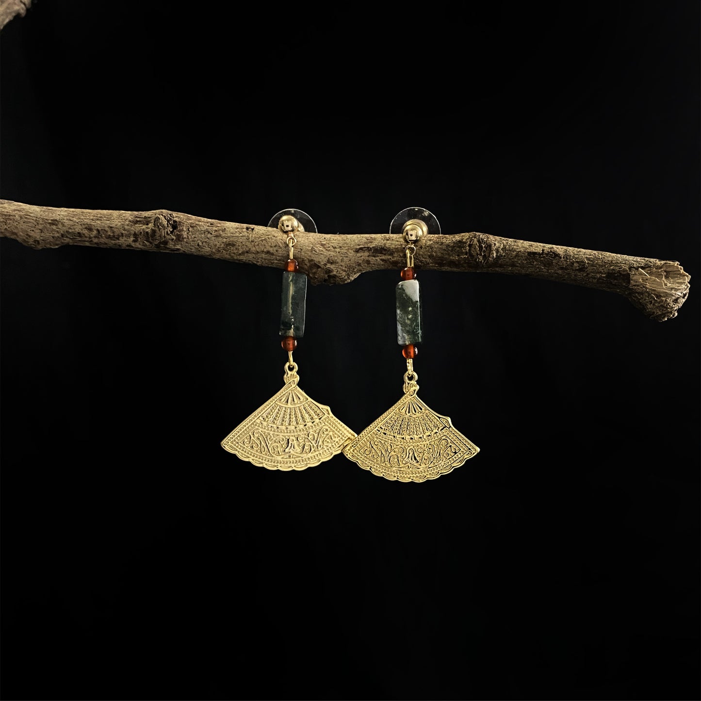 Oriental Fan Motif Earrings With Chalcedony Crystal - 14K Real Gold Plated Jewelry