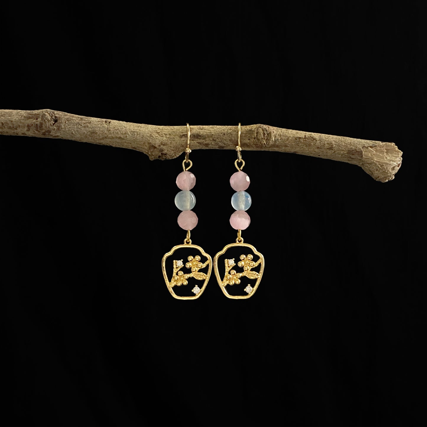 Oriental Cherry Blossom Earrings with Crystals - 14K Real Gold Plated Jewelry