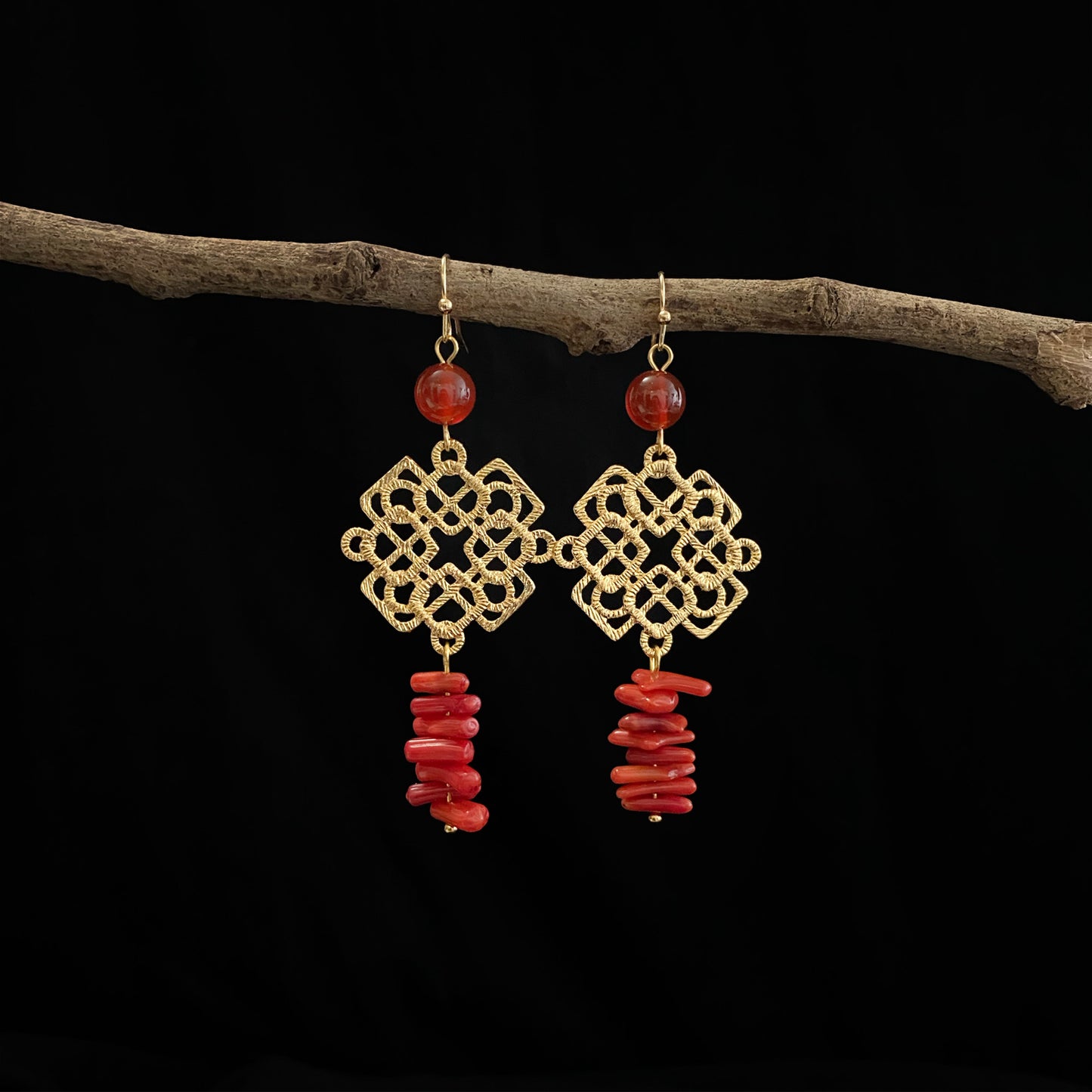 Oriental Motif With Red Agate Crystal Earrings - 14K Real Gold Plated Jewelry