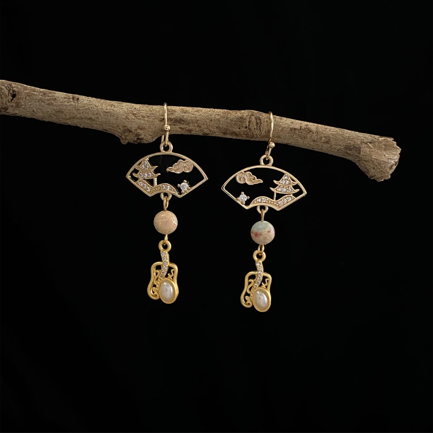 Pagodite Oriental Fan Motif Earrings - 14K Real Gold Plated Jewelry