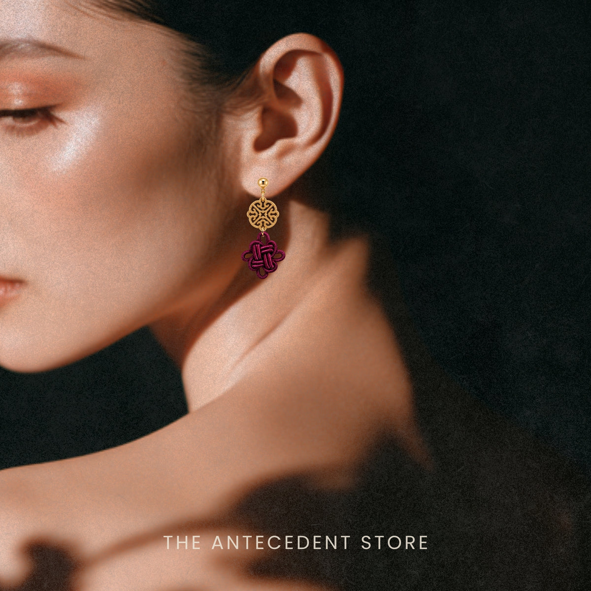 吉祥结 | Asymmetrical Auspicious Knot Earrings in Maroon
