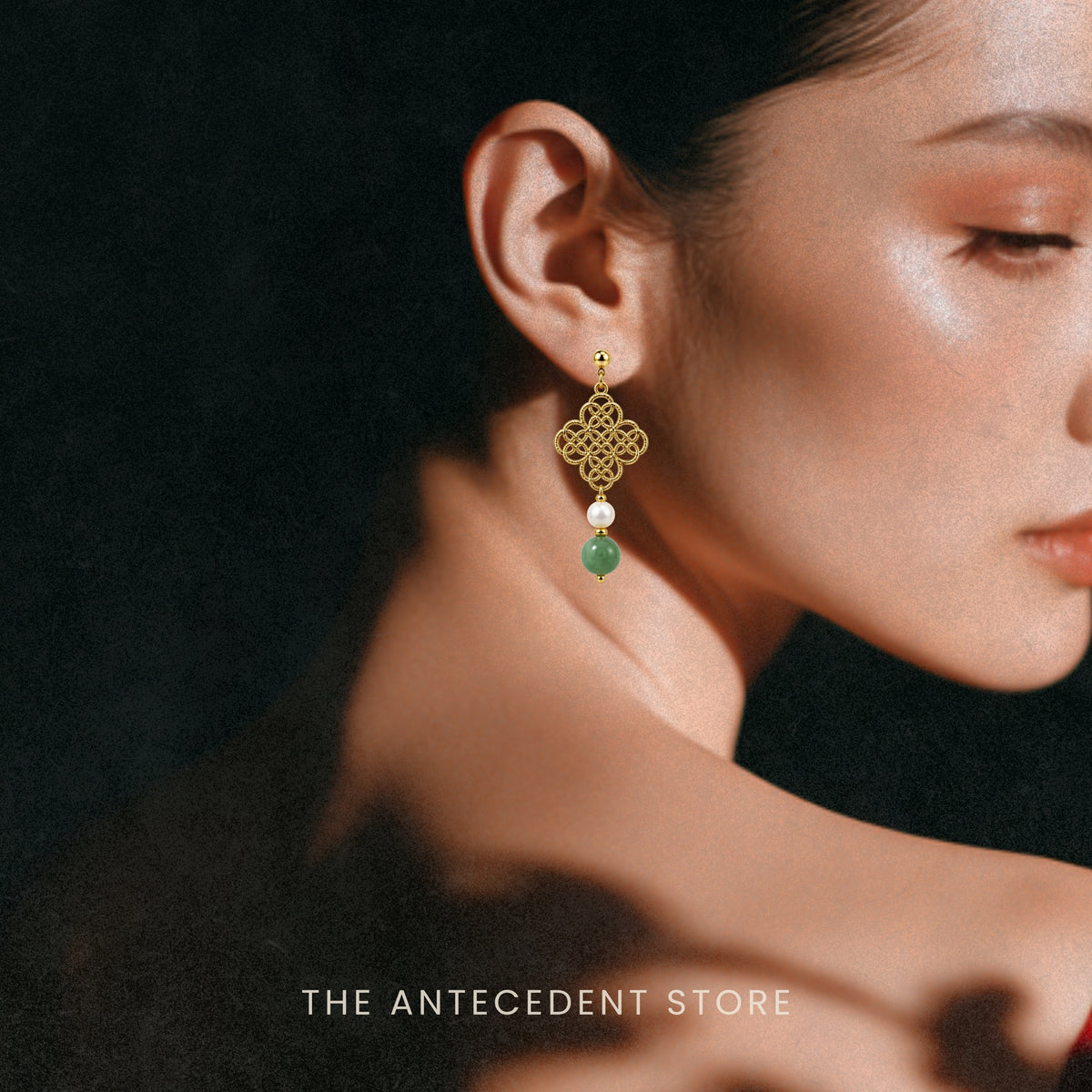 Asymmetrical Auspicious Motif Green Aventurine Earrings