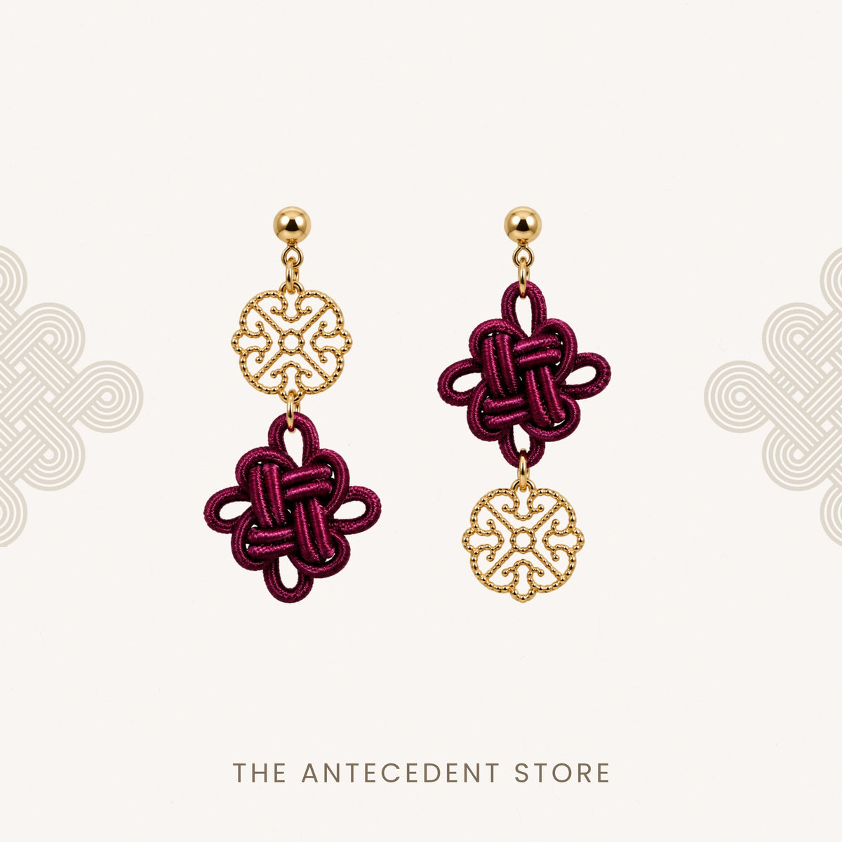 吉祥结 | Asymmetrical Auspicious Knot Earrings in Maroon