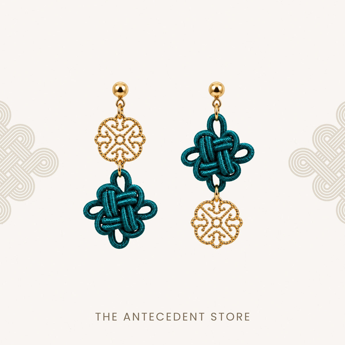 吉祥结 | Asymmetrical Auspicious Knot Earrings in Deep Teal