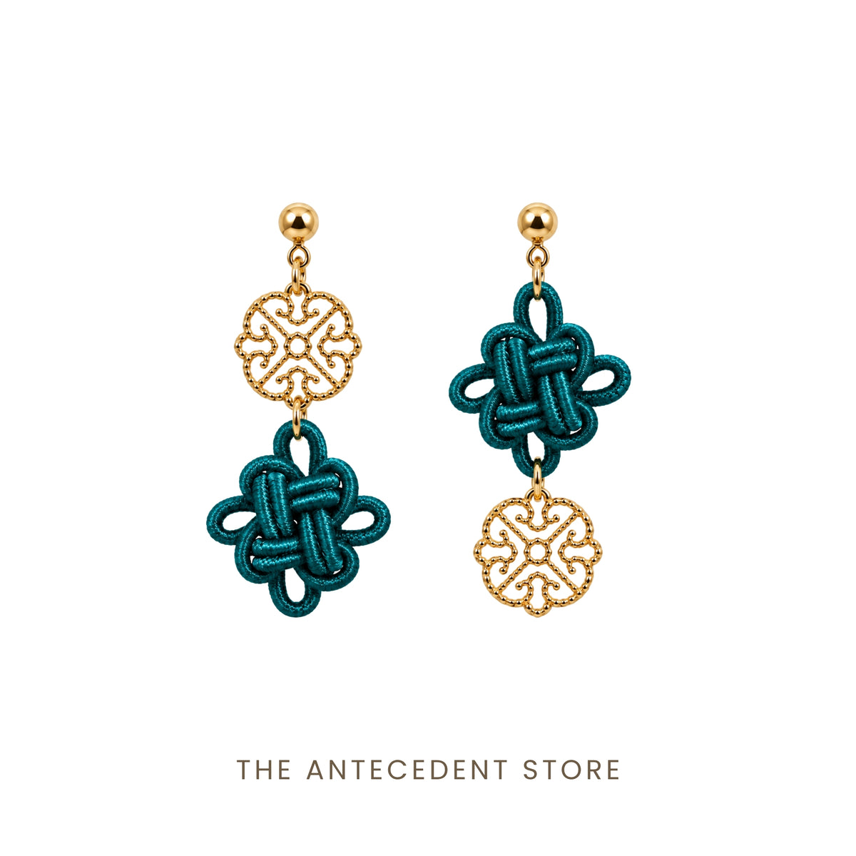 吉祥结 | Asymmetrical Auspicious Knot Earrings in Deep Teal