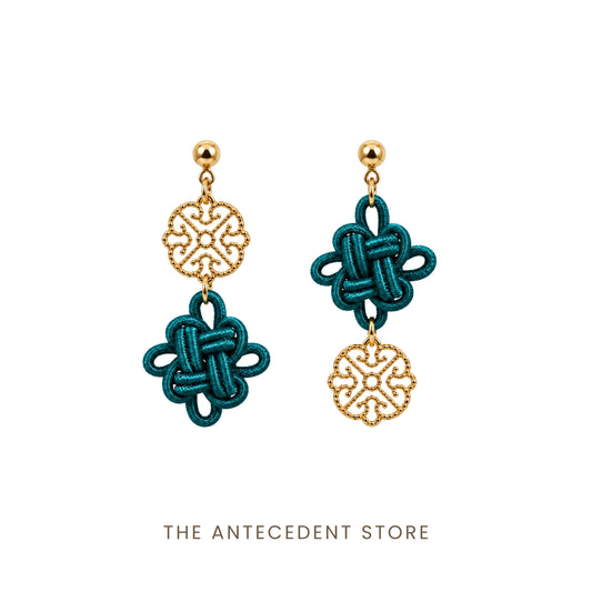 吉祥结 | Asymmetrical Auspicious Knot Earrings in Deep Teal