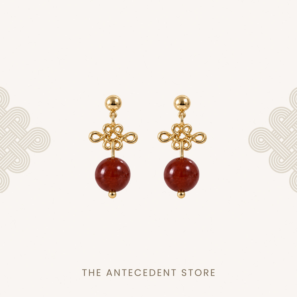 如意结 | Auspicious Ruyi Knot with Red Agate Earrings