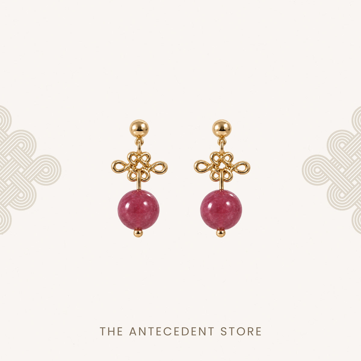 如意结 | Auspicious Ruyi Knot with Rhodonite Earrings