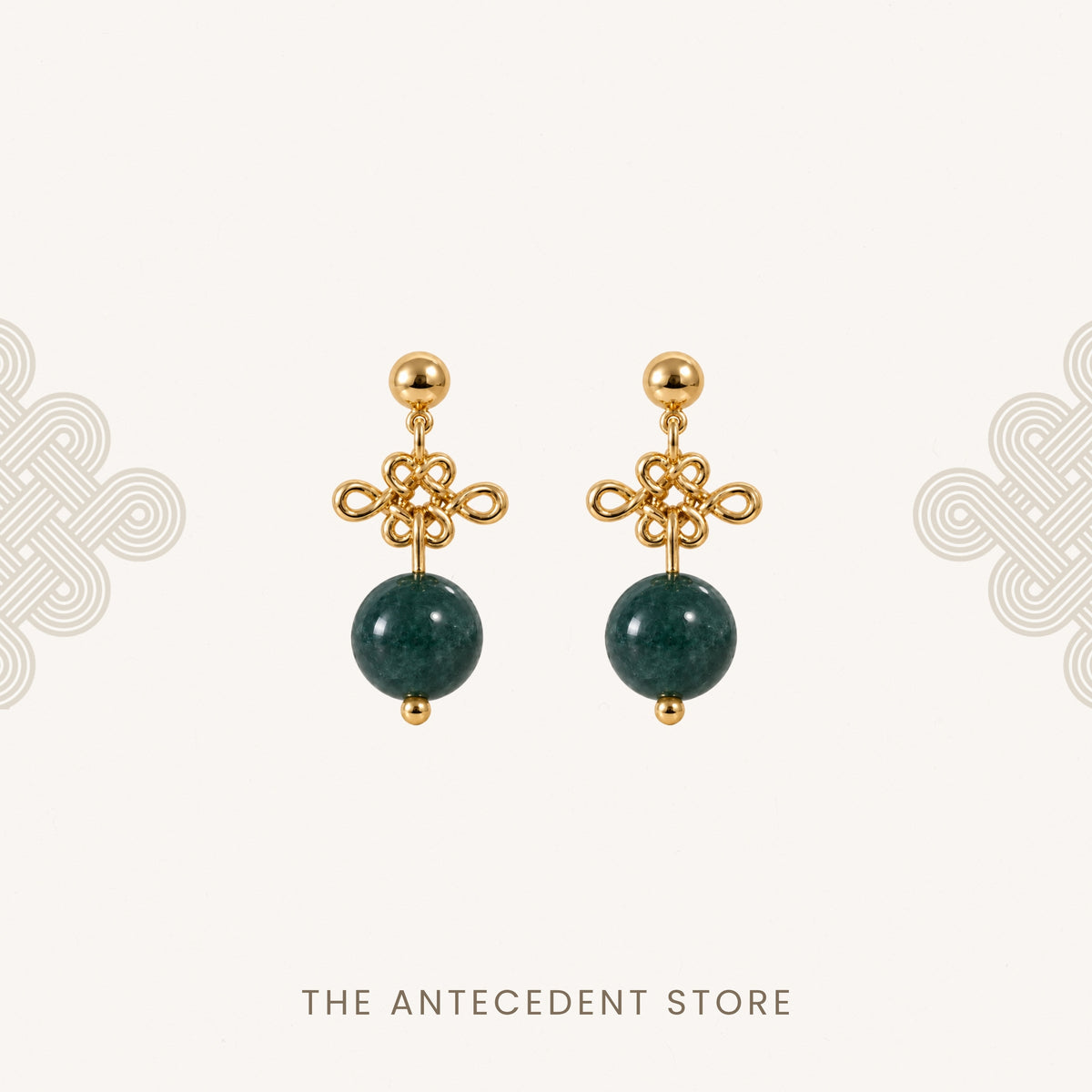 如意结 | Auspicious Ruyi Knot with Green Agate Earrings