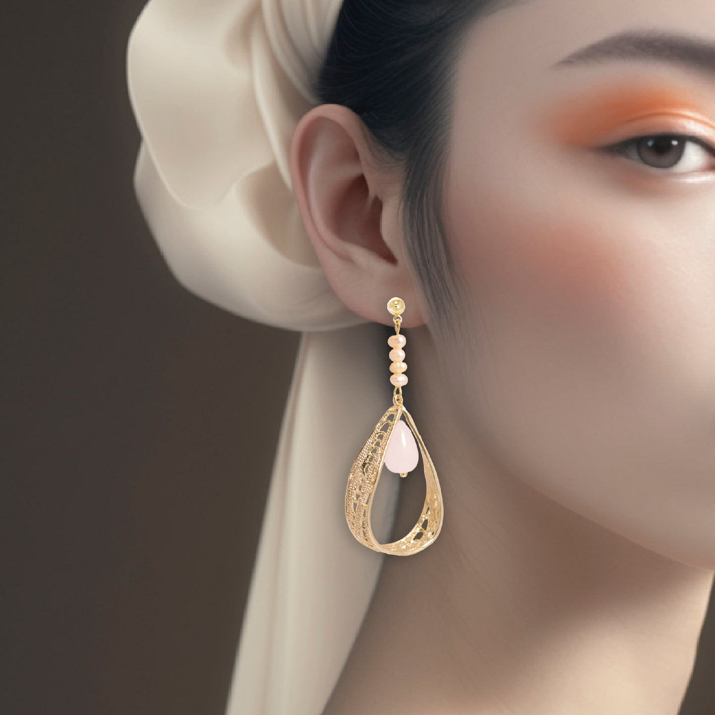 Oriental Motif Earrings with Rose Quartz - 14K Real Gold Plated Jewelry