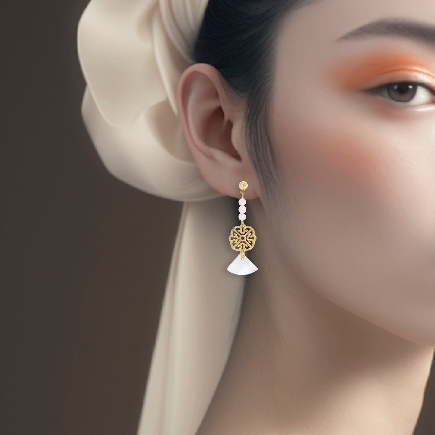 Oriental Motif Earrings With Rose Quartz - 14K Real Gold Plated Jewelry