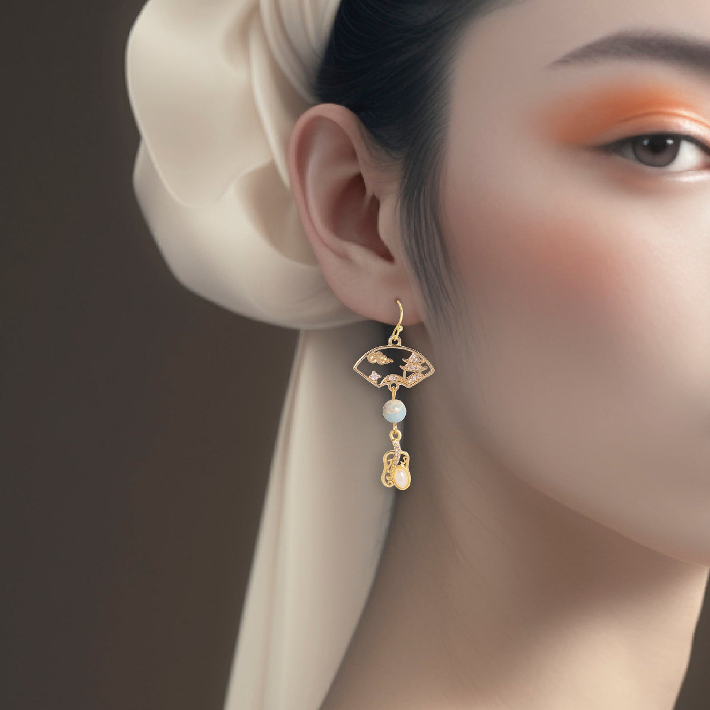 Pagodite Oriental Fan Motif Earrings - 14K Real Gold Plated Jewelry