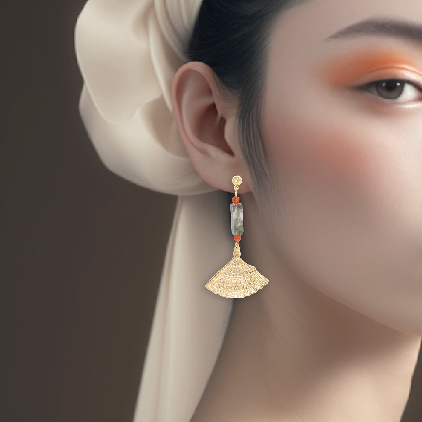 The Antecedent Store Oriental Fan Motif Earrings - 14K Real Gold Plated Jewelry