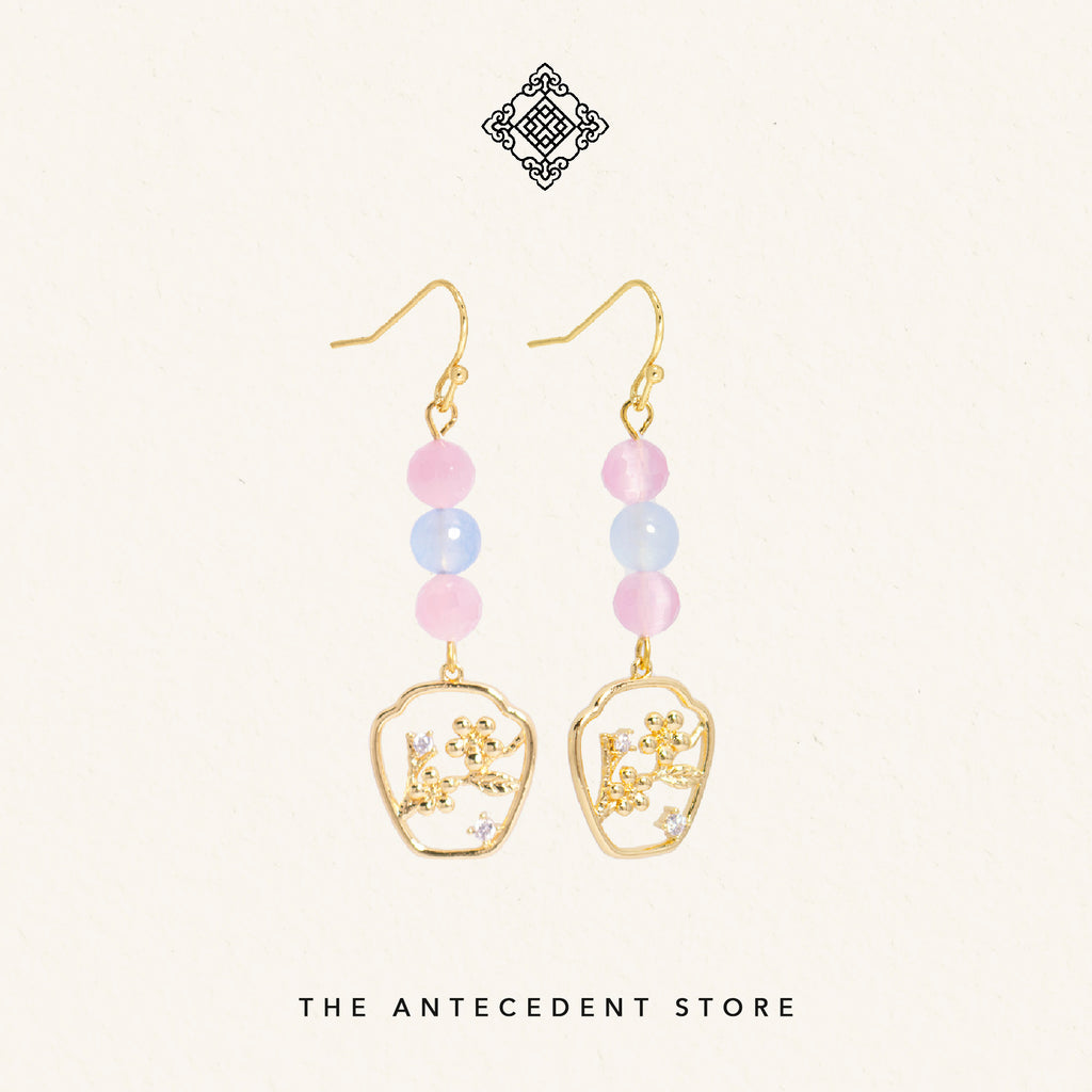 Oriental Cherry Blossom Earrings with Crystals - 14K Real Gold Plated Jewelry