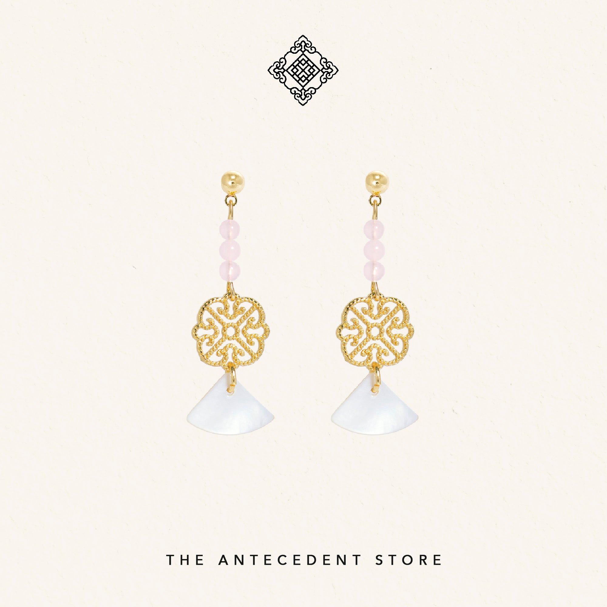 Oriental Motif Earrings With Rose Quartz - 14K Real Gold Plated Jewelry
