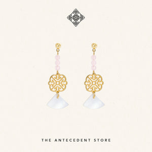 Oriental Motif Earrings With Rose Quartz - 14K Real Gold Plated Jewelry