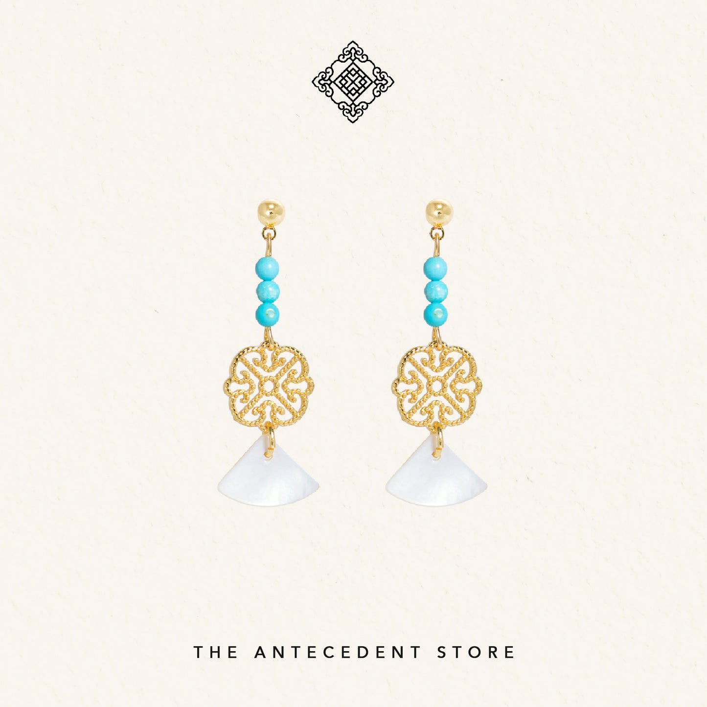Oriental Motif Earrings With Turquoise Crystals - 14K Real Gold Plated Jewelry
